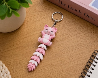 Joli porte-clés chat rose, breloque chat articulé, porte-clés flexible chaton, breloque sac à dos, cadeau Kawaii pour les amoureux des chats