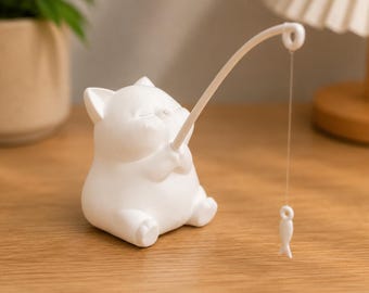 Jolie figurine de chat pêcheur pour bureau - Figurine miniature de chat pêcheur, une décoration de bureau amusante, un cadeau pour les amoureux des chats, une décoration artisanale.