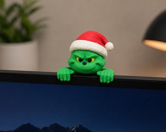 Surmatelas vert de Noël pour écrans Monster | Décoration amusante pour copain de paravent | Compagnon de bureau des Fêtes | Clip pour écran d'ordinateur imprimé en 3D