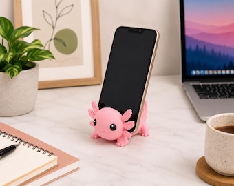 Joli support pour téléphone Axolotl, décoration de bureau rose Axolotl, support pour téléphone imprimé en 3D, station d'accueil pour téléphone Kawaii, cadeau pour les amateurs d'axolotl