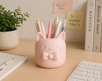 Cute Cat Pen Holder with Bow | Kawaii Desk Organizer | 3D Printed Pencil Cup | Pink Cat Desk Decor | Office & Study Accessories