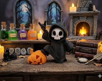 Décoration de bureau Halloween La faucheuse mignonne | Squelette kawaii avec citrouille | Décoration de bureau gothique | Cadeau effrayant