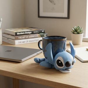 May include: A blue ceramic mug with a dark blue interior rests on a wooden desk, next to a light blue Stitch figurine. A stack of books, a laptop, and a small potted succulent are also on the desk. A pen holder with pens and pencils is on the left.