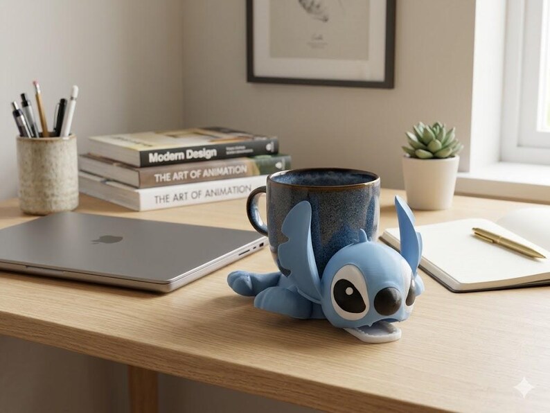 May include: A blue ceramic mug with a dark blue interior rests on a wooden desk, next to a light blue Stitch figurine. A stack of books, a laptop, and a small potted succulent are also on the desk. A pen holder with pens and pencils is on the left.