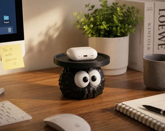 Cute AirPods Holder Stand | Kawaii Desk Organizer | Earbuds Charging Case Holder | Bedside Table Decor | Funny Black Dust Sprite