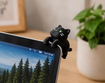 Support pour écran chat noir, décoration d'écran d'ordinateur mignonne, clip pour chat de bureau, accessoire de bureau, cadeau pour gamer, décoration pour ordinateur portable