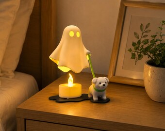 Ghost Walking Dog Candle Holder, Spooky Cute Halloween Decor, Floating Ghost Figurine, Gothic Desk Decoration, Cozy Night Light Accent