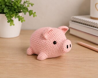Cute 3D printed crochet pig figurine, pink pig desk decoration, Kawaii animal ornament, handmade pig gift, children's room shelf decoration.