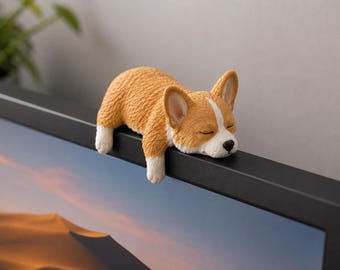 Sleeping Corgi Monitor Topper, Cute Computer Screen Decoration, Desk Buddy Figure, Kawaii Office Decor, Monitor Edge Ornament