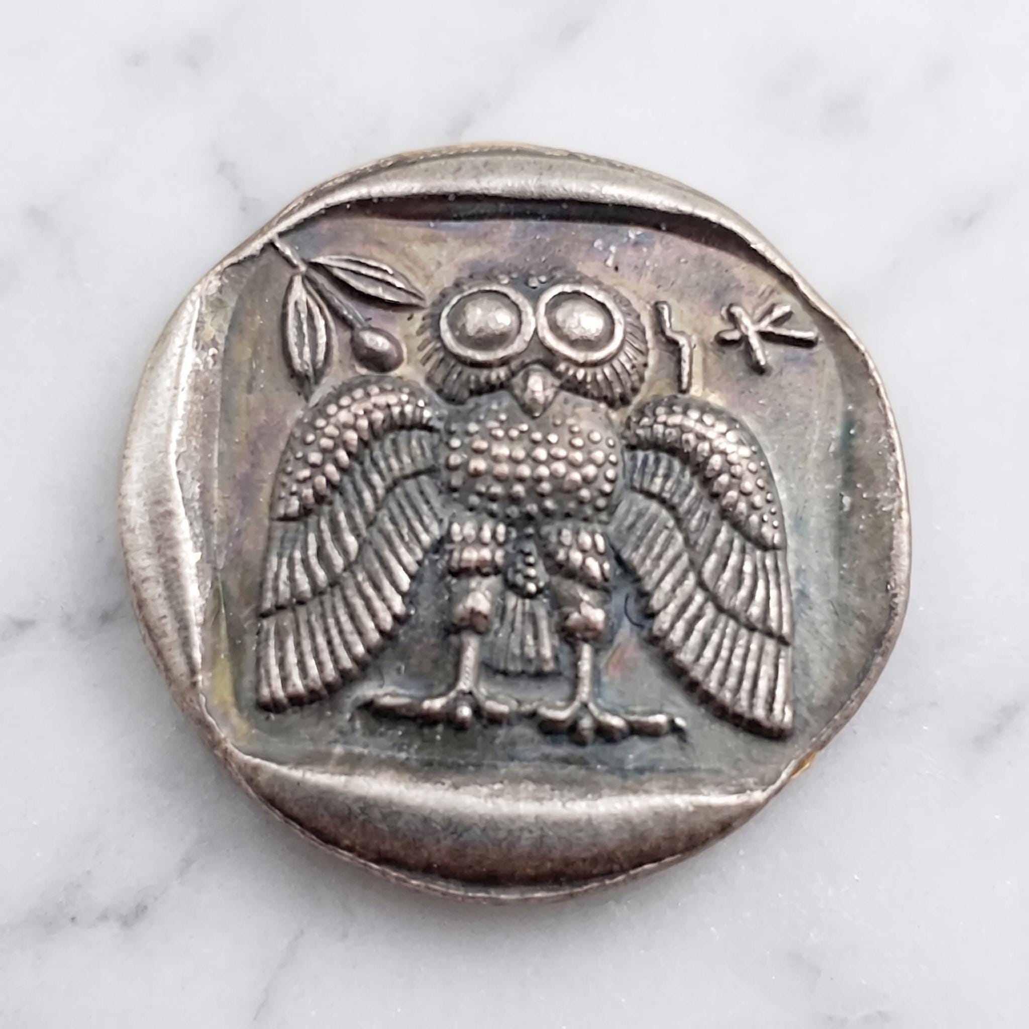 Ancient Greek Silver Coin Athenian Owl Tetradrachm, Frontal Facing Owl Athena Coin Attica Athens, Ra