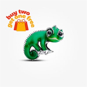 May include: A silver charm shaped like a green chameleon with large black eyes and a curled tail. The charm features a textured silver border along the back and includes a graphic with the text buy two get one free and shopping bags.