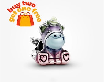 Colourful Rainbow Bruno the Unicorn Charm,925 Sterling Silver Charm Bracelet Compatible with Pandora for Girls Gift