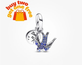 Sparkling Swallow & Quote Double Dangle Charm,925 Sterling Silver Charm Bracelet Compatible with Pandora for Girls Gift