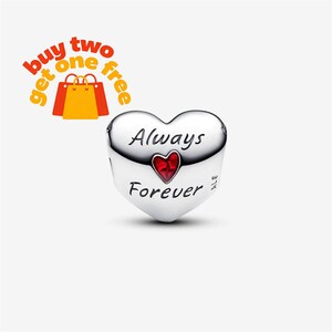 May include: A heart-shaped silver charm bead featuring the engraved text Always Forever in black script. A small red heart icon is positioned between the two words. The side of the charm includes the hallmark ALE, indicating the brand origin.