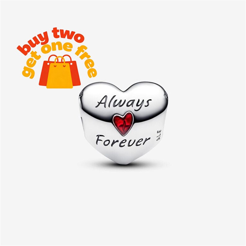 May include: A heart-shaped silver charm bead featuring the engraved text Always Forever in black script. A small red heart icon is positioned between the two words. The side of the charm includes the hallmark ALE, indicating the brand origin.