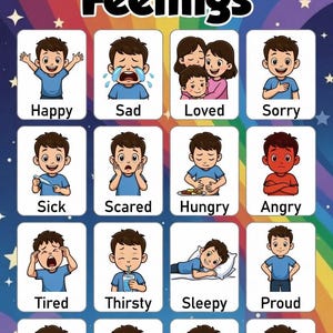 Op de afbeelding: Een kleurrijke educatieve poster met de titel My Feelings tegen een regenboogachtergrond met witte sterren. Het toont zestien vierkante illustraties van een personage dat verschillende emoties en toestanden uitdrukt, waaronder blij, verdrietig, geliefd, sorry, ziek, bang, hongerig, boos, moe, dorstig, slaperig, trots, heet, koud, verrast en denkend.