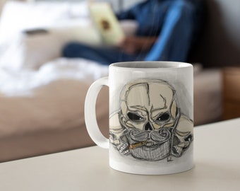 Mug avec tête de mort - Mug tête de mort avec cigare - Mug avec skull - Mug cadeau pour homme