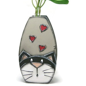 Vase soliflore with black and white cat Cat lover vase Glass tube vase with cat Cat and hearts image 1