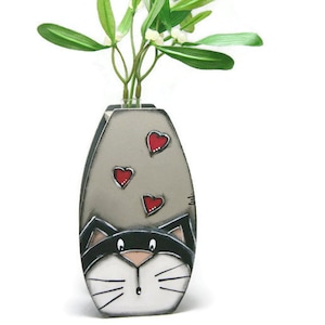 Vase soliflore with black and white cat Cat lover vase Glass tube vase with cat Cat and hearts image 2