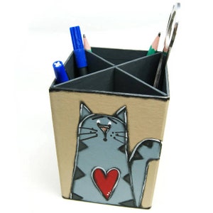 Pencil holder with cat gray - Pencil box with cat- Pot make-up accessories- Office storage with cat
