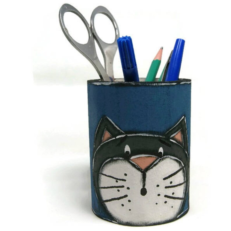 Pot à Crayons Avec Trois Chats - Rangement Bureau & Maquillage - Accessoire Bois Peint Main - Cadeau Chat