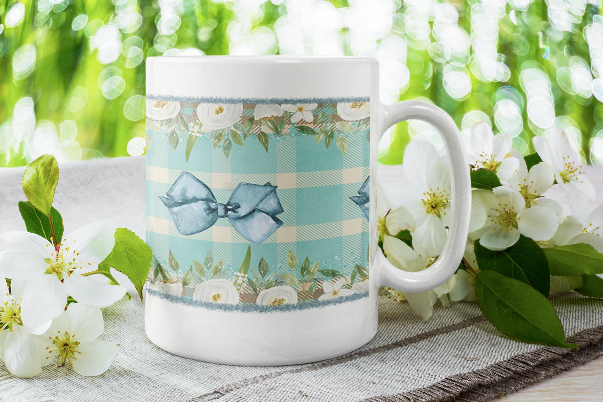 Mug Bleu avec Noeuds - Mug Romantique Pour Fête Des Mères Fleurs