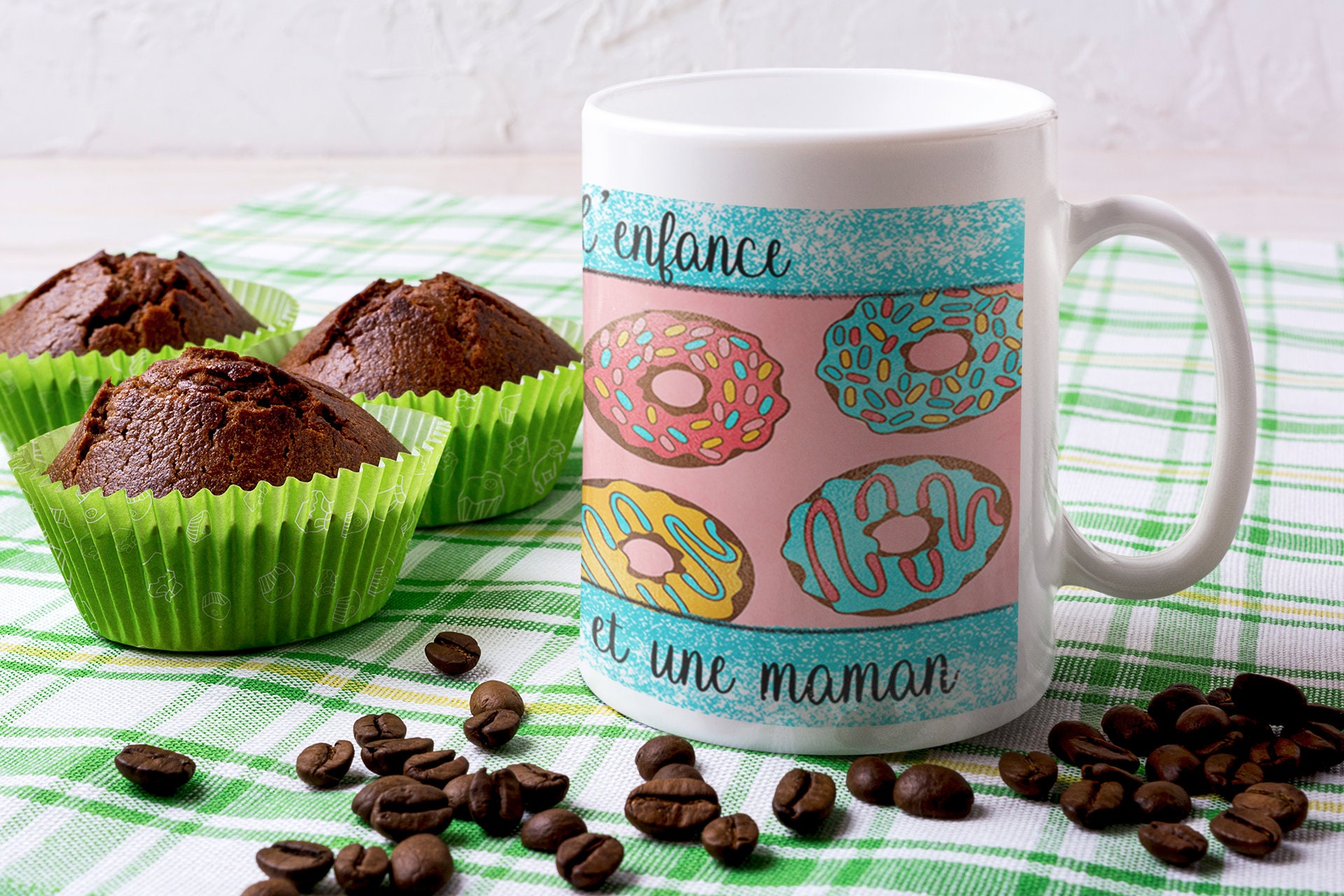Mug avec Donuts - Mug Maman Cadeau Fête Des Mères Bleu et Donuts