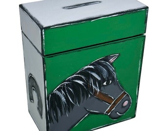 Painted wooden piggy bank with customizable horse