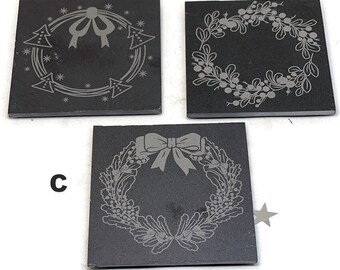 Slate Coasters Engraved Flower Wreaths - Slate Christmas Coasters - Christmas Gift - New Years Day Table Decoration