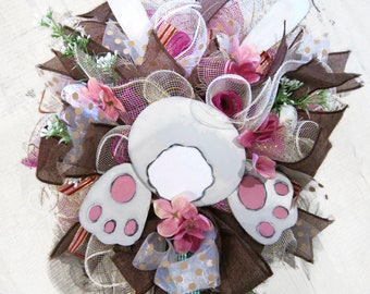 White bunny wreath - Easter bunny wreath - Ribbons wreath with bunny
