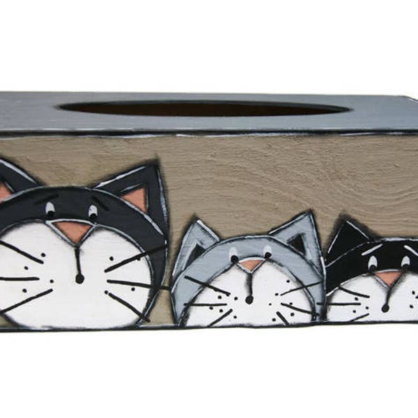 Boite à mouchoirs rectangle avec trois chats - Coffret en bois pour mouchoirs en papier - Cadeau pour amoureux des chats