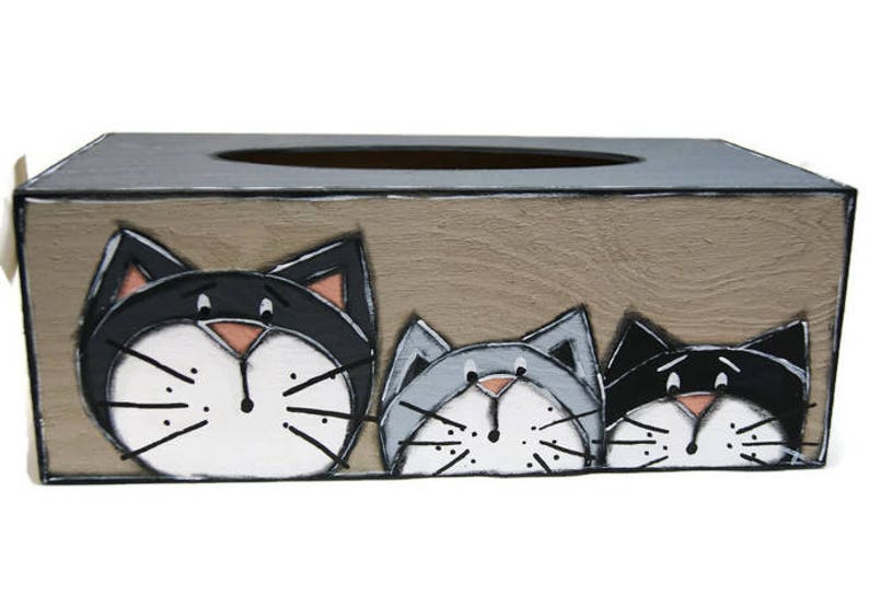 Rectangular tissue box with three cats Wooden box for paper tissues Gift for cat lovers image 1