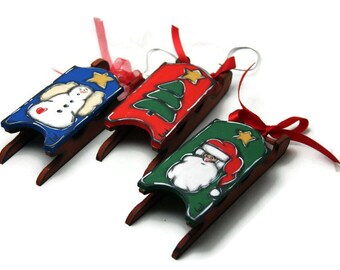 Little sleds for Christmas tree painted wood
