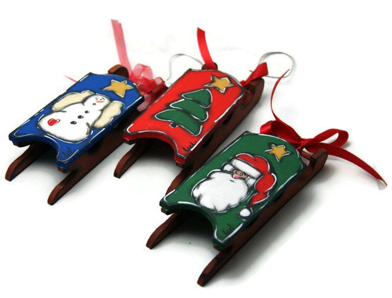 Set of three tree ornaments for Christmas Three sleds for Christmas tree