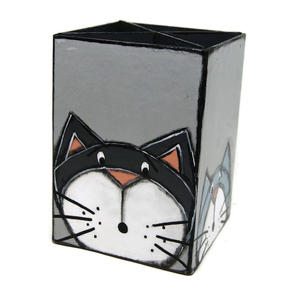 Pot à crayon avec trois chats - Rangement crayons avec chats - Pot accessoires de maquillage - Rangement bureau avec chat