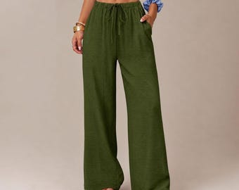 Womens Wide Leg Palazzo Pants | Flowy Drawstring Lounge Trousers | Elastic Waist Summer Beach Pants with Pockets