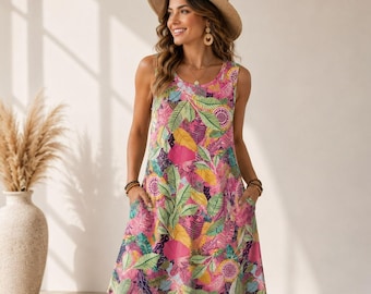 Summer Dresses for Women with Pockets, Sleeveless Floral Sundress, Casual Beach Dress, Vacation Resort Wear, Loose Tank Dress