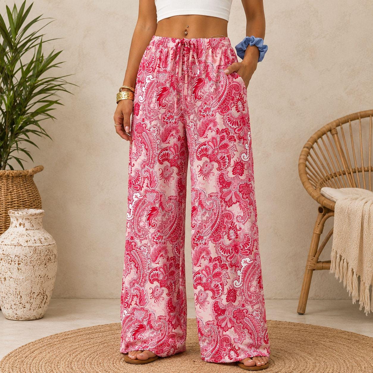 Casual Wide Leg Pants for Women, Boho Festival Palazzo Trousers, Soft Lightweight Lounge Pants with Pockets