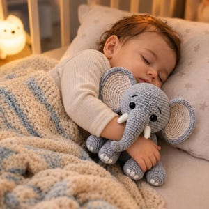Op de afbeelding: Een slapend kind knuffelt een grijs gehaakt olifantenspeelgoed. De olifant heeft grote oren, witte slagtanden en zwarte ogen. Het kind is bedekt met een beige en blauw gestreepte gehaakte deken en rust op een kussen met sterrenpatronen.
