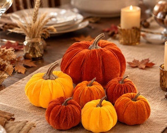Sammetspumpaset med 7 st, lämplig för höstdekoration och Thanksgiving-dekoration.