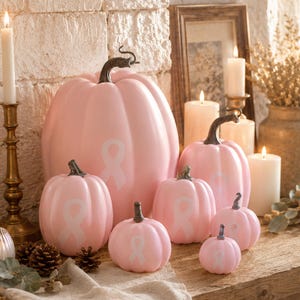 May include: A collection of six smooth, light pink pumpkins of varying sizes, each featuring a white awareness ribbon graphic on the front. Each pumpkin has a dark, textured stem and a rounded, ribbed shape, arranged together as a decorative set.