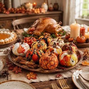 Könnte beinhalten: Eine Sammlung von Stoffkürbissen in verschiedenen herbstlichen Mustern und Farben, darunter Orange, Weiß und Schwarz, arrangiert auf einer großen Holzplatte neben Zimtstangen, auf einem Tisch mit einem gebratenen Truthahn und Kerzen.