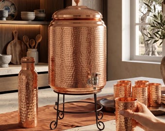 Handcrafted Hammered Pure Copper Water Dispenser Set with Stand Tap, Bottle & Glasses Ayurvedic Copper Matka for Wellness Hydration 5L, 10L