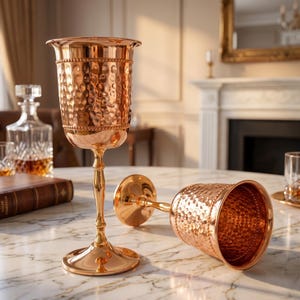 May include: Two copper-colored goblets with a hammered texture and beaded detailing along the rim and base. One goblet stands upright on a circular pedestal, while the second goblet lies on its side, showcasing the interior and stem design.