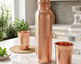 Bottiglia d'acqua in rame puro martellato da 1 litro – Contenitore per bevande detox ayurvedico, accessorio ecologico per yoga e benessere