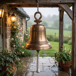 May include: A large, polished bronze bell hangs from a metal chain under a wooden porch. The bell features a smooth, flared body with horizontal ridges and is suspended by a sturdy metal eye bolt. A thick, white braided rope hangs from the clapper.