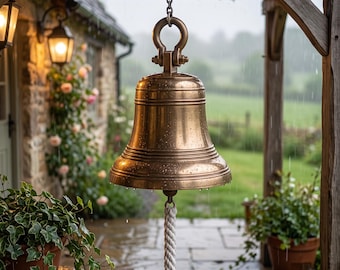 Large Hanging Brass Bell with Rope Pull, Rustic Outdoor Garden Bell, Farmhouse Porch Decor, Vintage Entryway Chime, Patio Accent Gift