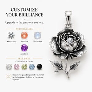 May include: A silver-toned rose pendant featuring a central round gemstone. The image includes text options for gemstone upgrades including Moissanite, Sunstone, Moonstone, and Amethyst, alongside a selection of colored zircon stones for free swaps.
