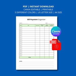 Bill Organizer Printable | Monthly Bill Tracker PDF | Expense Log Book | Editable Digital Download