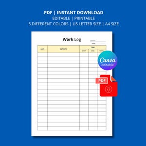 Work Log Editable and Printable | Daily Work Record Template | Productivity Planner | Instant PDF Download